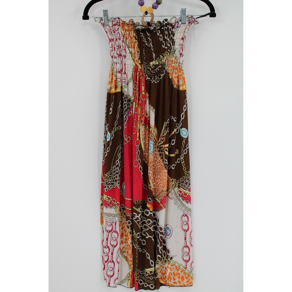Romantic SiNi Dress Womens Medium‎ Multicolor Chain Print Strapless Boho Maxi